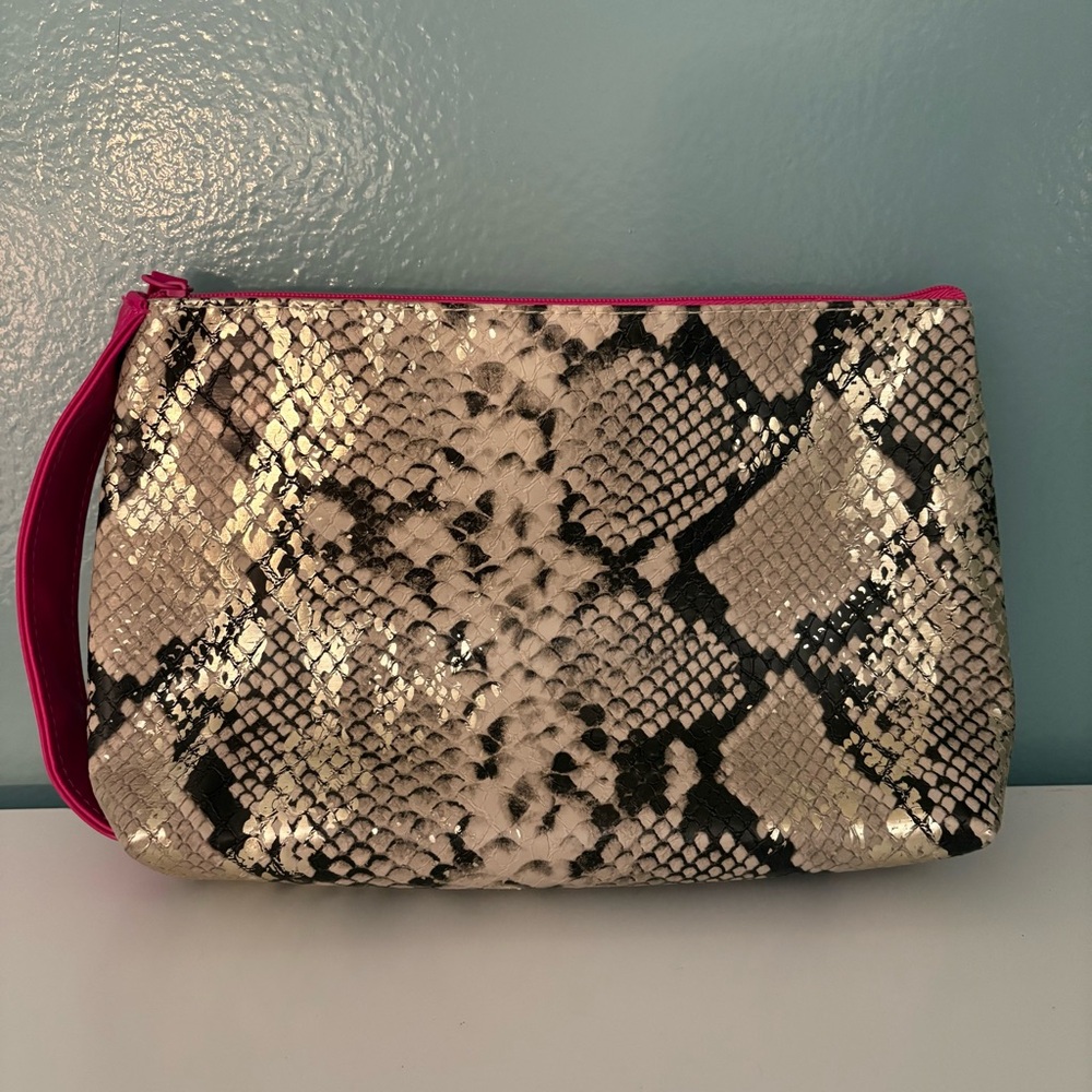 Bloomingdale’s Faux Snake-Print Pink Trim Cosmetic Pouch